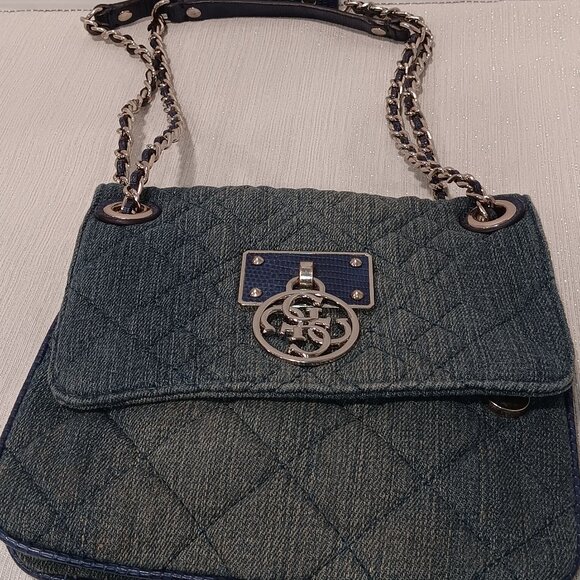 Vintage Y2K GUESS quilted Denim Shoulder Bag double chain handle flap front - Picture 1 of 7